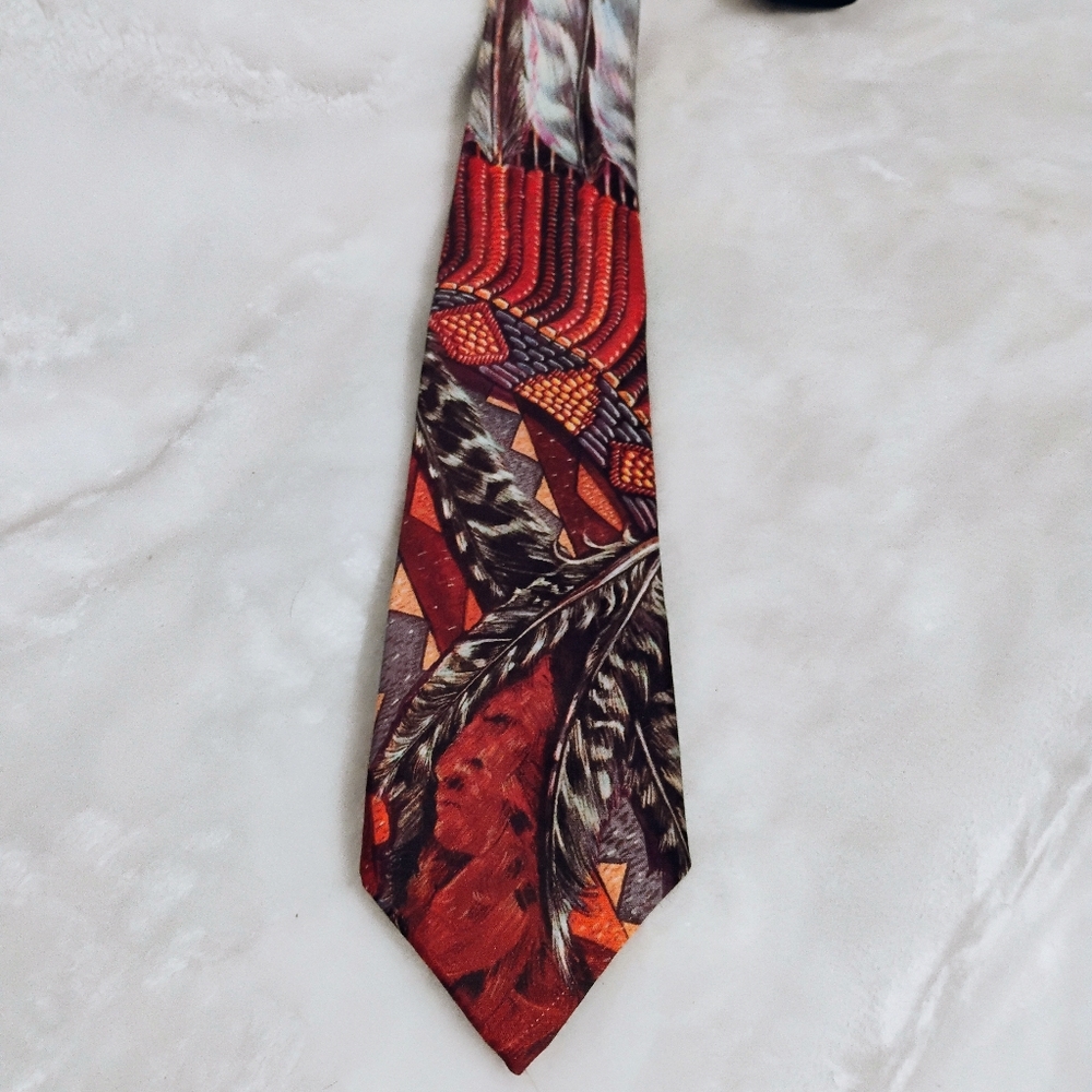 Ralph Marlin Vtg 1992 Mens Tie Made In USA "Headdress" Feathers Neck Wear